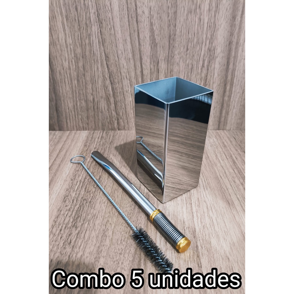 Combo atacado 5 unidades kit terere inox copo quadrado 250ml + bomba mola externa regulável + escova