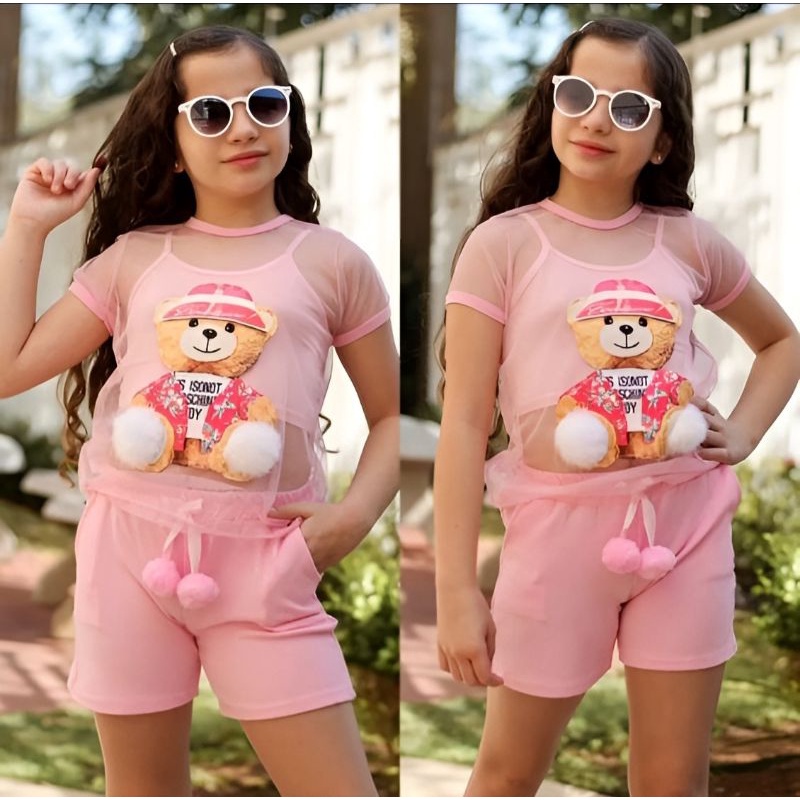 Conjunto de Menina Feminino Infantil Ursinho de Verão Com Pelinhos