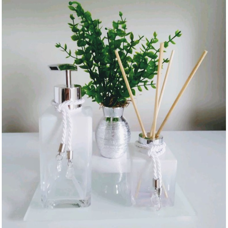 Kit Lavabo Banheiro Luxo Decoração - BRANCO DEGRADÊ 250ml + Aromatizador CUBO BRANCO DEGRADÊ + VASO + BANDEJA Dourado, Rose Gold, Prata