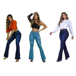 Calça jeans flare feminina cintura alta boca sino com lycra elastano efeito empina bumbum Premium Luxo