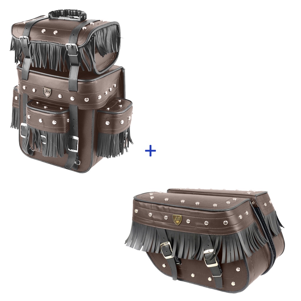 Kit Viagem Alforge Traseiro 32 Litros em Couro Sintético Marrom C/ Cravos e Franjas + Alforge Lateral Losango 32 Litros em Couro Sintético Marrom C/ Cravos e Franjas