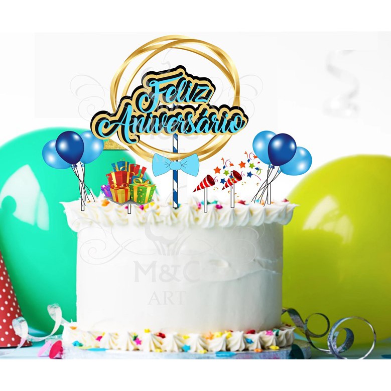 Topo Bolo Azul Feliz Aniversário - Comprar com Melhor Preço em Padaria