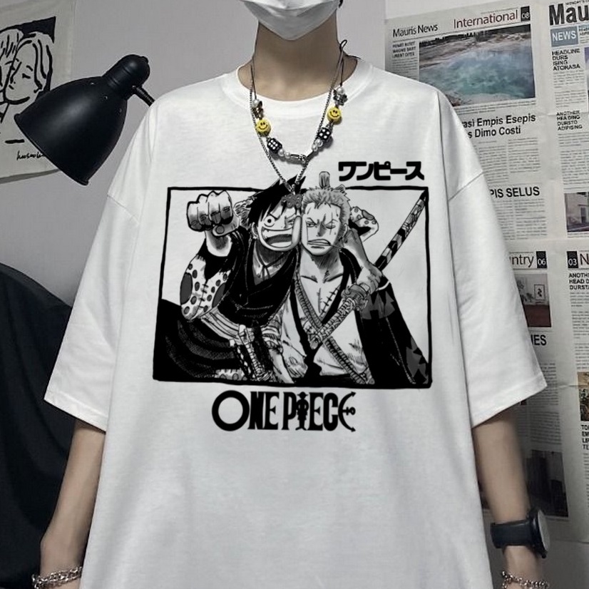 Camiseta T-Shirt Anime One Piece Personagens Luffy Zoro  Cor:Branco;Tamanho:P