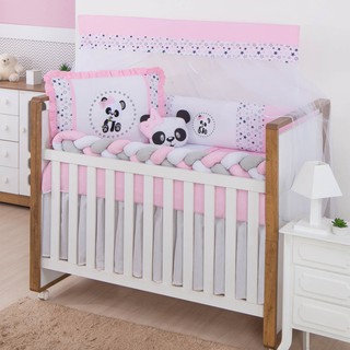 Kit Berço Americano Trança 100% Algodão 9 Pçs - Panda Rosa