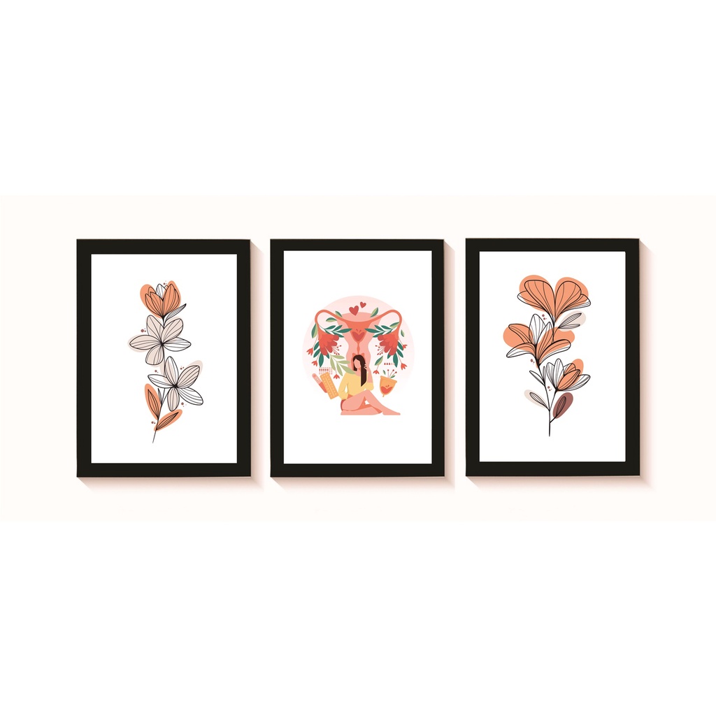 Kit 3 Quadros Decorativos Menstruação Ginecologia Medicina Consultório Clínica Molduras 20x30cm