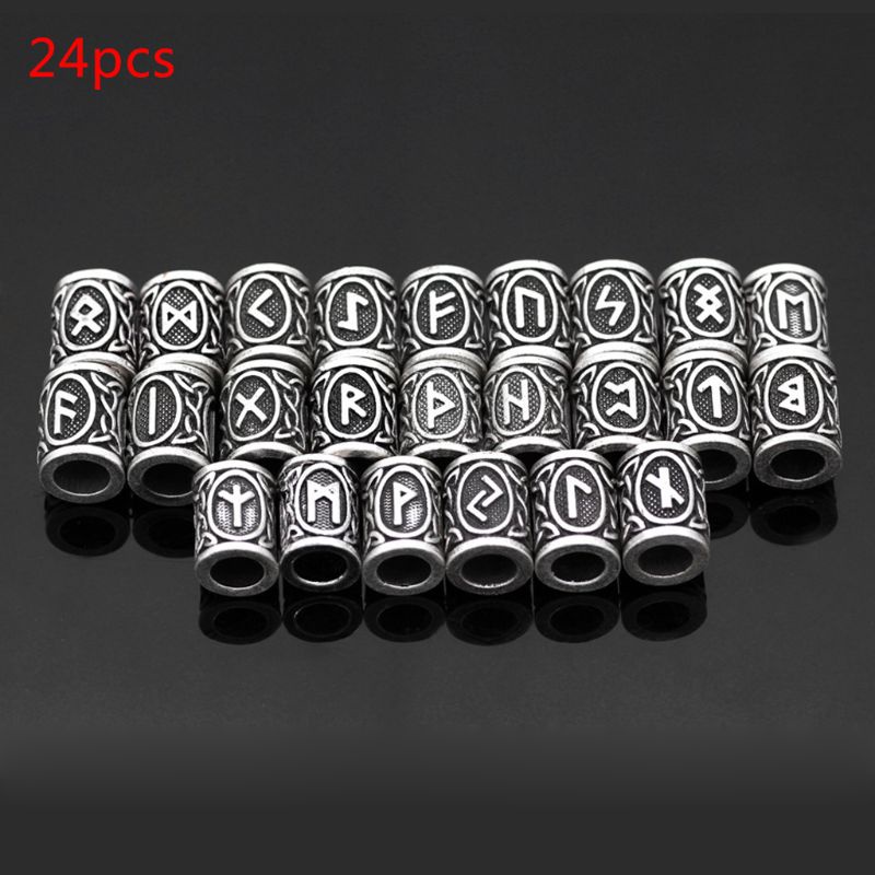 KIN 24 Peças Contas Retrô De Metal Prateado , Costas Ocidentais , Paracord , Runa , Barba , Pulseira Antiga , Cabelo Par