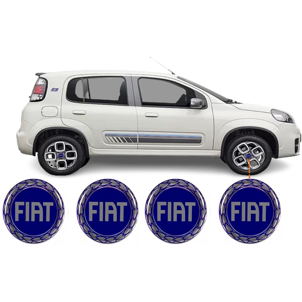 Emblema Adesivo Resinado Azul 04 peças Calota Roda 48mm FIAT Novo Uno Vivace Way Fire Mille Argo Mobi Palio Siena Punto