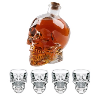 Jogo Licoreira Garrafa e 4 Copos Para Shot em Vidro Transparente Caveira Cranio Bebida Bar