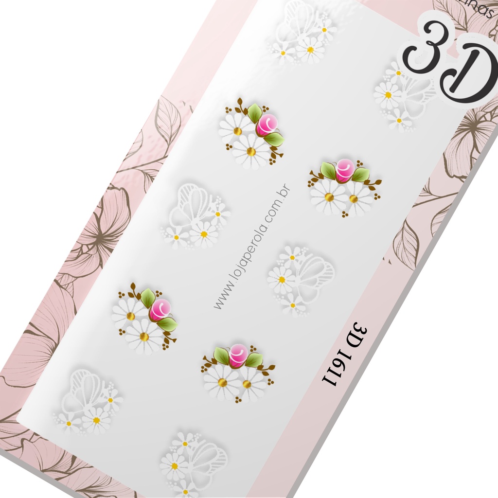 Adesivo 3D de Unhas-Margaridas Brancas Com Borboleta Branca-3D 1611 em Oferta na Shopee
