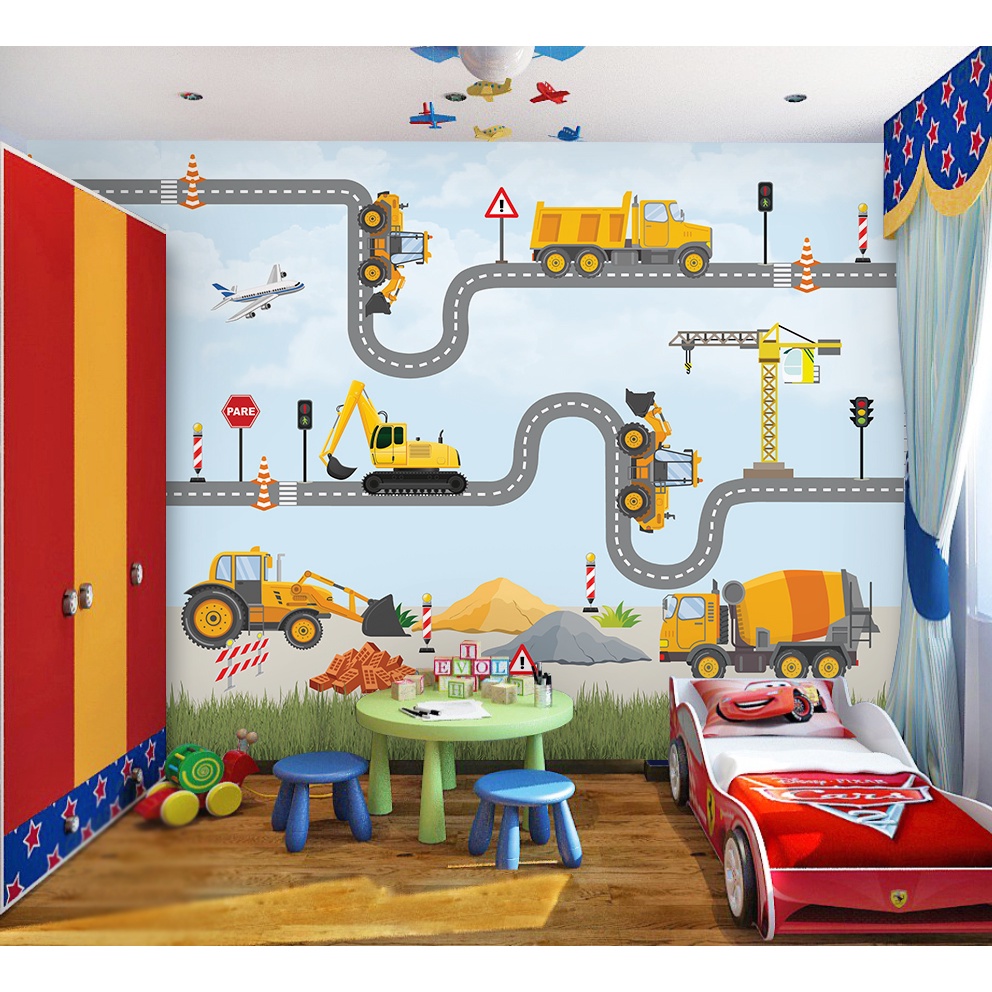 Papel de Parede Tema Trator Caminhão Construção Quarto Infantil Meninos m²