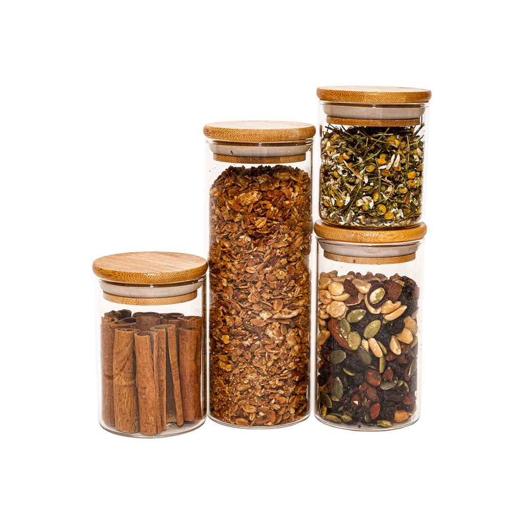 Kit 4 potes herméticos de vidro 200ml, 250ml, 300ml, 450ml com tampa de bambu - Oikos - Home & Living