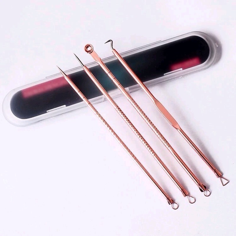 Extrator de Cravos e Espinhas ROSE - Estojo C/4 Pecas Aco INOX
