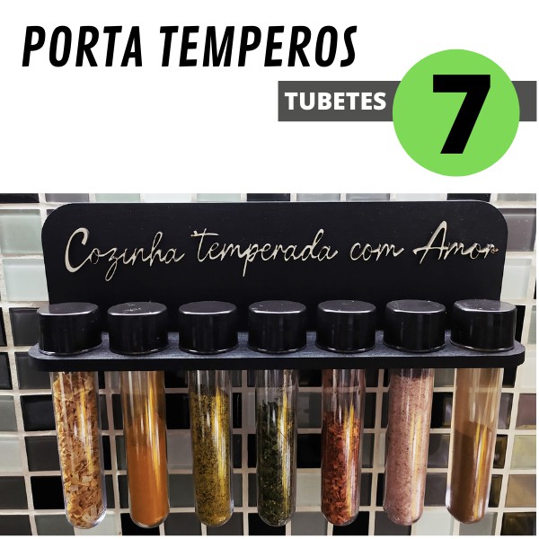 Porta Condimentos e Temperos de Cozinha Personalizado MDF - 7 Tubetes - Cozinha organizada Casa Viva