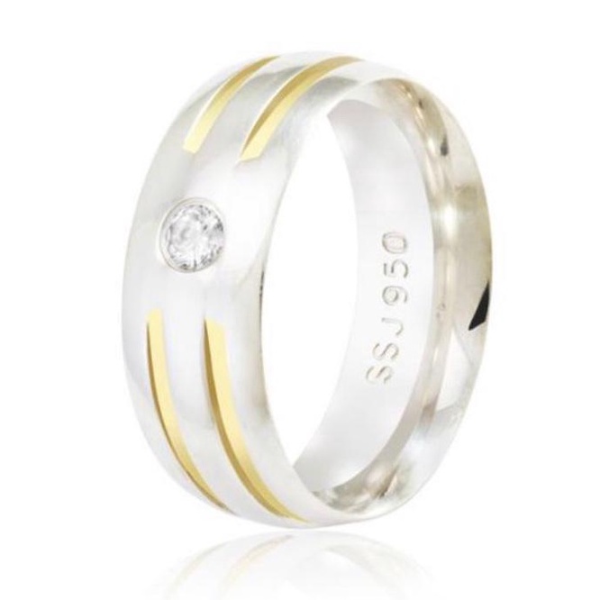 Aliança Prata 950 Anatômica 8mm 2 Fios Ouro 18k Zircônia Garantia Casamento Namoro Compromisso