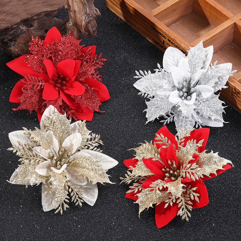 5/10PCS Flores Artificiais De Natal Glitter Flores Falsas Feliz Natal Decorações Da Árvore De Natal Enfeites festao natal