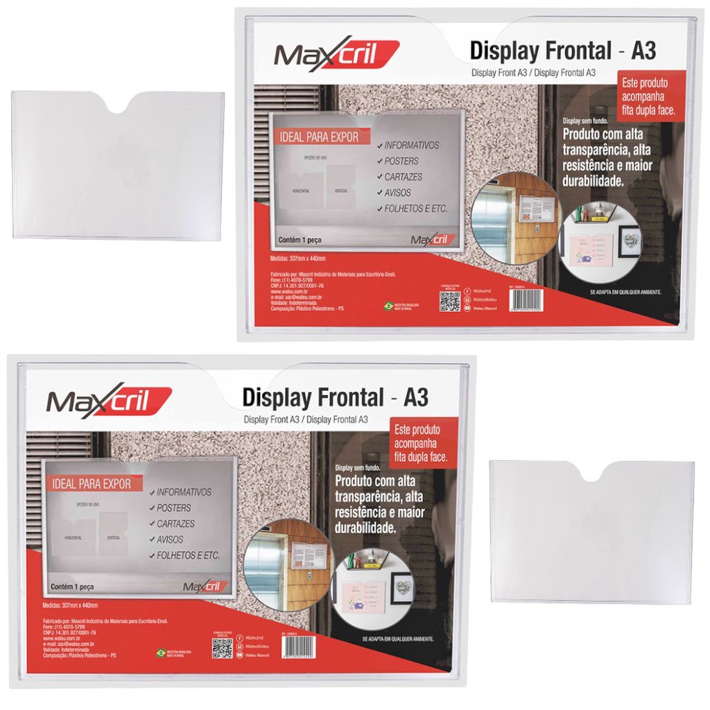Quadro display de acrílico Frontal de parede A3 grande sem fundo KIT  02 unidades dupla face Maxcril