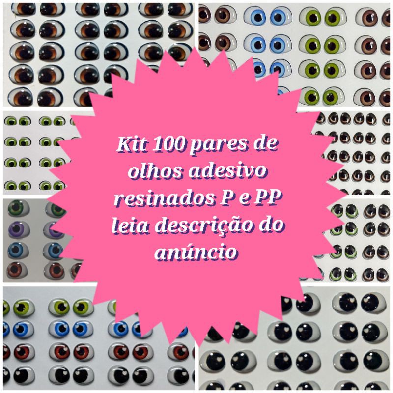 Olhos adesivos RESINADOS com 100 pares com 5 modelos diferentes sem direito a escolha em Oferta na Shopee