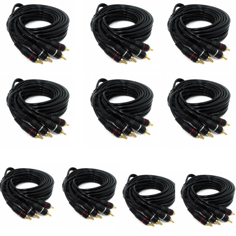 Kit 10 Cabo Rca 5 Metros Emborrachado Permak Preto Reforçado 5mm Som Automotivo