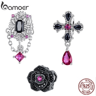 Bamoer Beads 925 Silver Fleur-delis Pingente Rosa Preta Acessórios DIY Para Colar E Pulseira