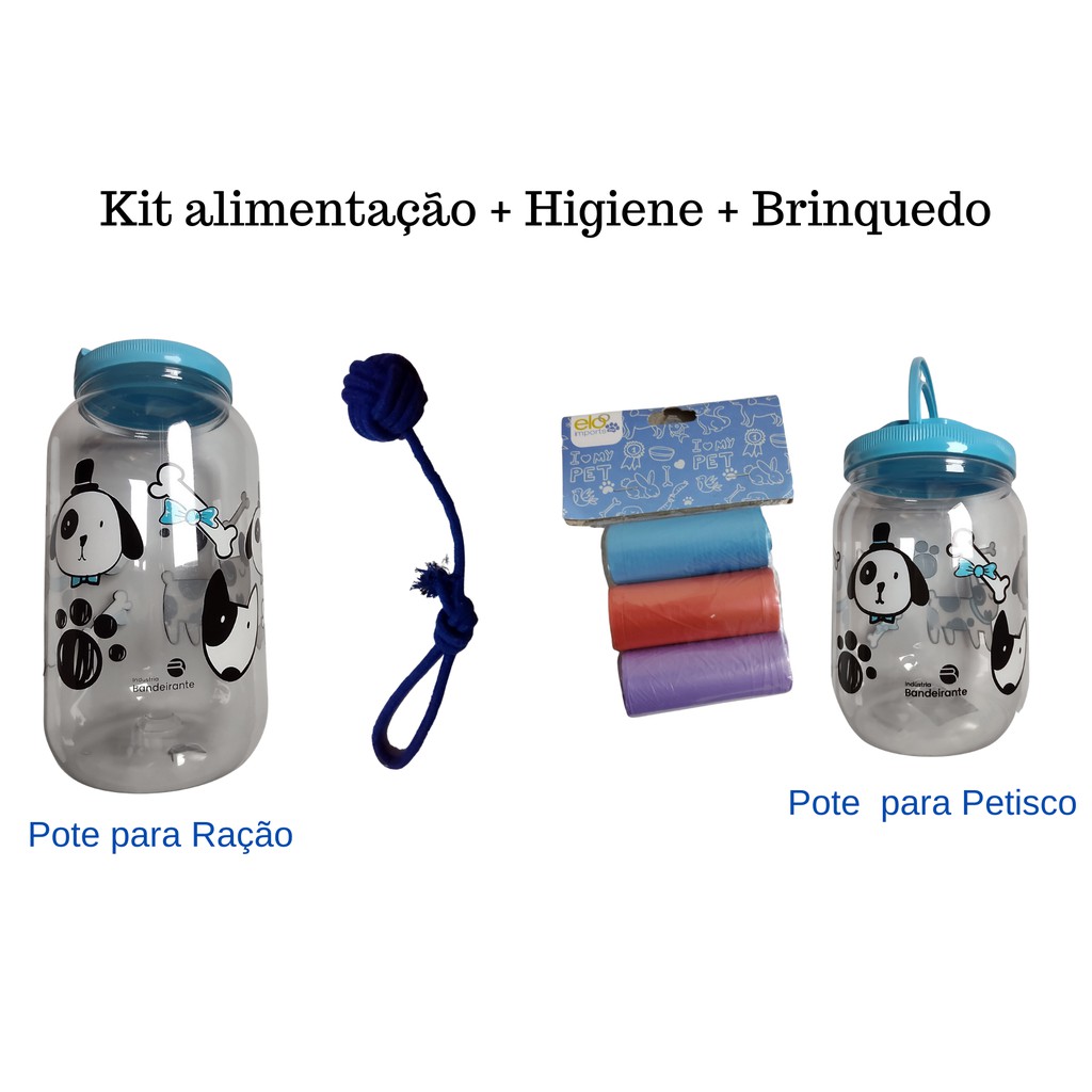 KIT Pote Porta Ração + Porta Petisco + Refil cata caca + Brinquedo cordão todos na cor Azul Cachorros  Cães Gato gatos Com Alça - Para Armazenar Ração do seu PET, acessorios essenciais para seu animal, cachorro caes, filhote, filhotes TOP DOG SHOP