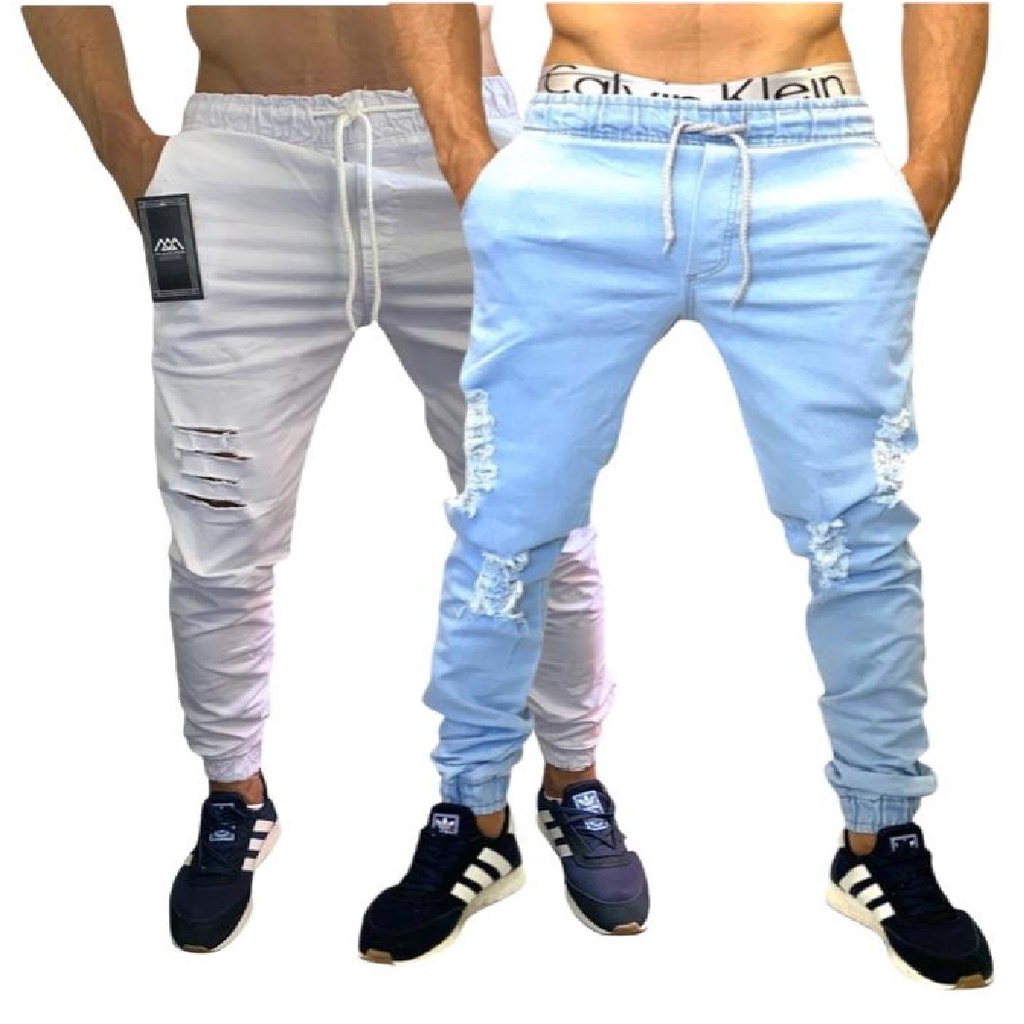 CALÇA JOGGER MASCULINA JEANS DESTROYED RASGADA SARJA KIT COM 2 JOGGER