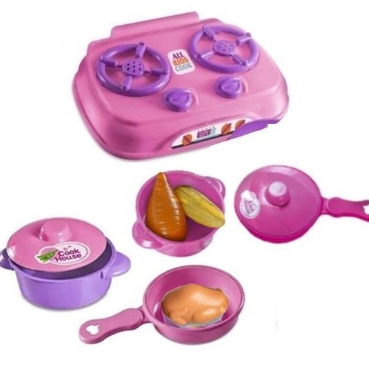 Kit Cozinha Infantil com 7 Brinquedos Fogão, 1 Panelinha com tampa, 1 frigideira  com frango, 1 Frigideira com tampa e 1