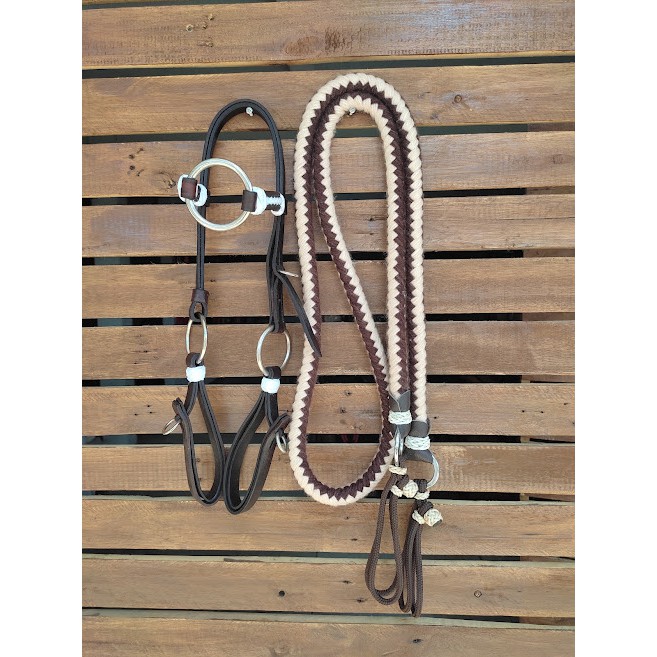 Cabeçada Para Cavalo De Argola + Rédea De Lã Trançada Marrom Luxo