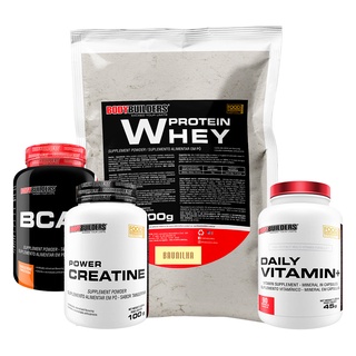 KIT Whey Protein Concentrado em Blend Proteico 500g + Power Creatina 100g + BCAA 4,5 100g + Daily Vitamin + 90 cáps - Potencialização do Desempenho Físico - Bodybuilders