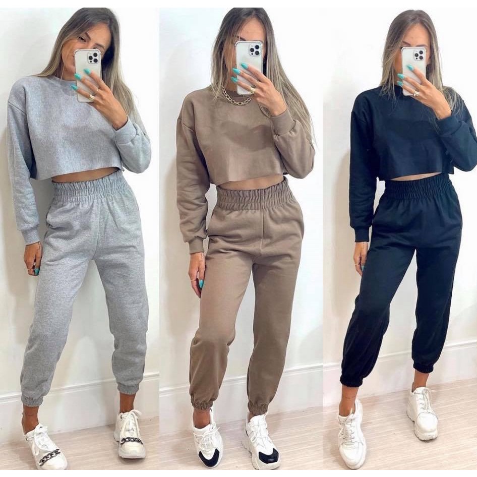 Conjunto Moletinho Cropped + Calça Moletom Feminino Lançamento