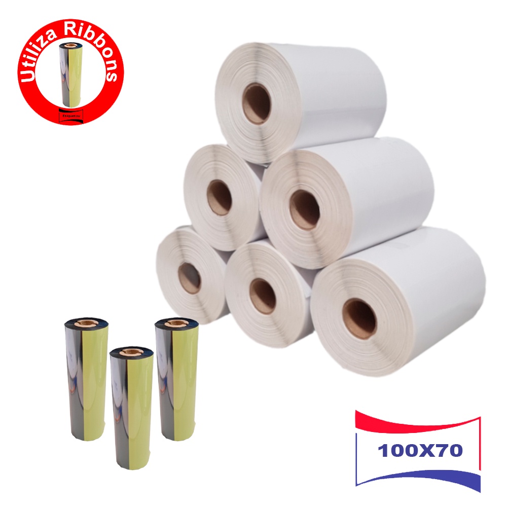 6 Rolos Etiqueta 100x70 mm 10x7 cm Couche + 3 Ribbons L42 Argox Zebra Elgin L42