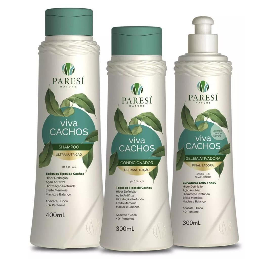 Kit Viva Cachos Paresí Nature Shampoo Condicionador e Geleia Ativadora