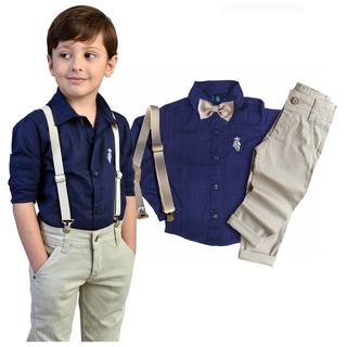 Conjunto Social Manga Longa Com Calça Infantil Masculino Kit Gravata e Suspensório