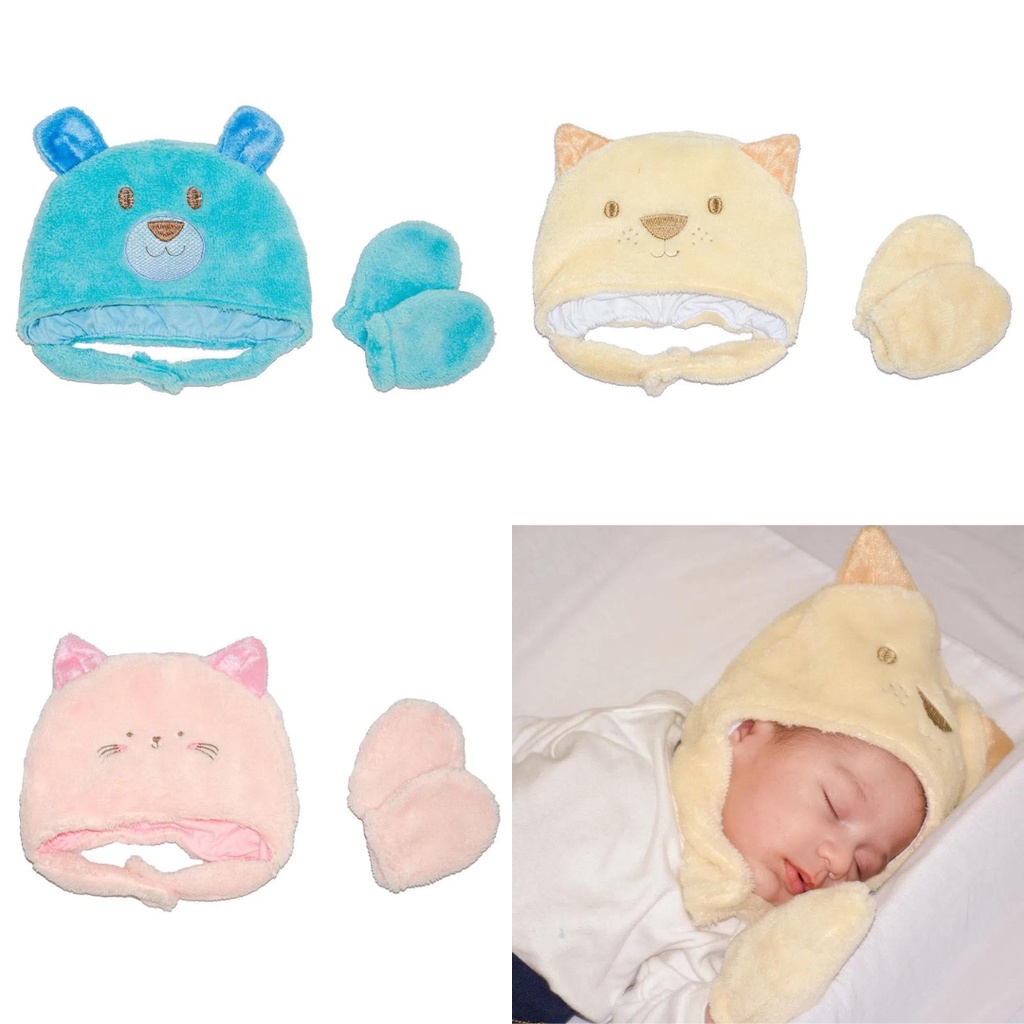 Kit Gorro e Luvas de Microfibra Baby Joy bordado na carinha e orelhinhas 3D (1 par luvas e gorro)