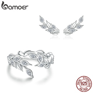 Bamoer 925 Sterling Silver Jewelry Set Anel E Brincos Padrão Grão Para Meninas Presentes