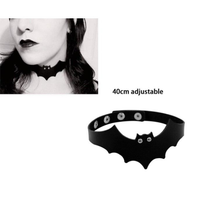 Gargantilha de Couro Ecológico Feminina Morcego Choker BDSM Gótico Mortícia Família Adams Arlequina Cosplay Halloween