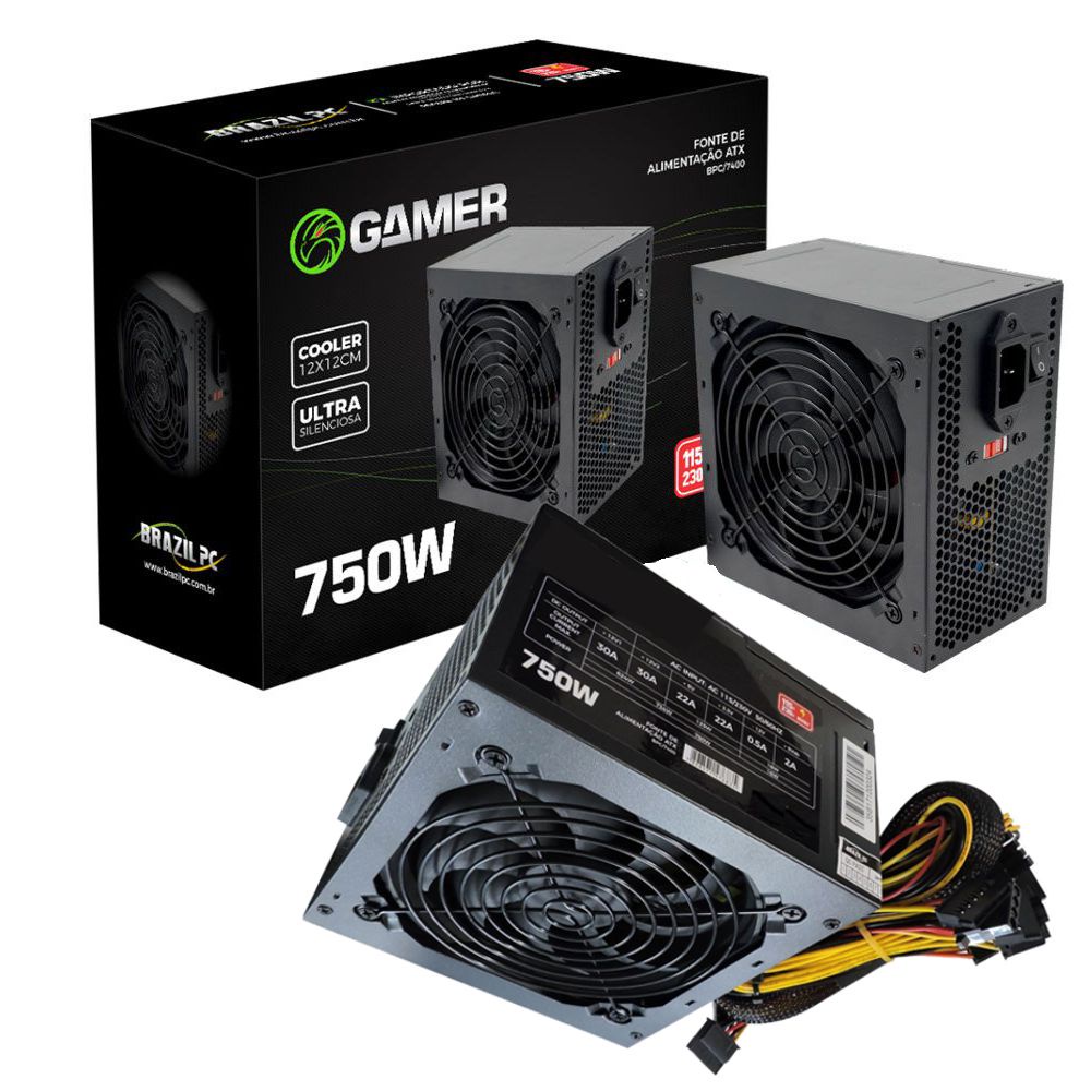 Fonte De Alimentação Atx Pc 750w Reais Gamer Super Silenciosa Bivolt + Cabo Energia Inmetro