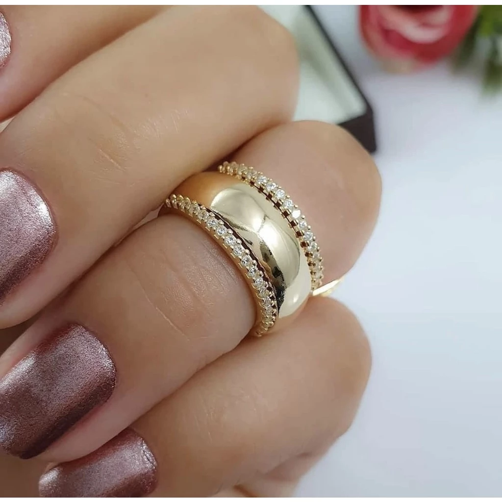 Kit Anel Aparador Aliança Folheada Ouro 18k Cravejado Strass