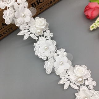 1yard Branco Pérola Rose Flor Bordado Guarnição Do Laço De Fita Casamento Applique Manual DIY Costura Suprimentos Artesanais Decoração