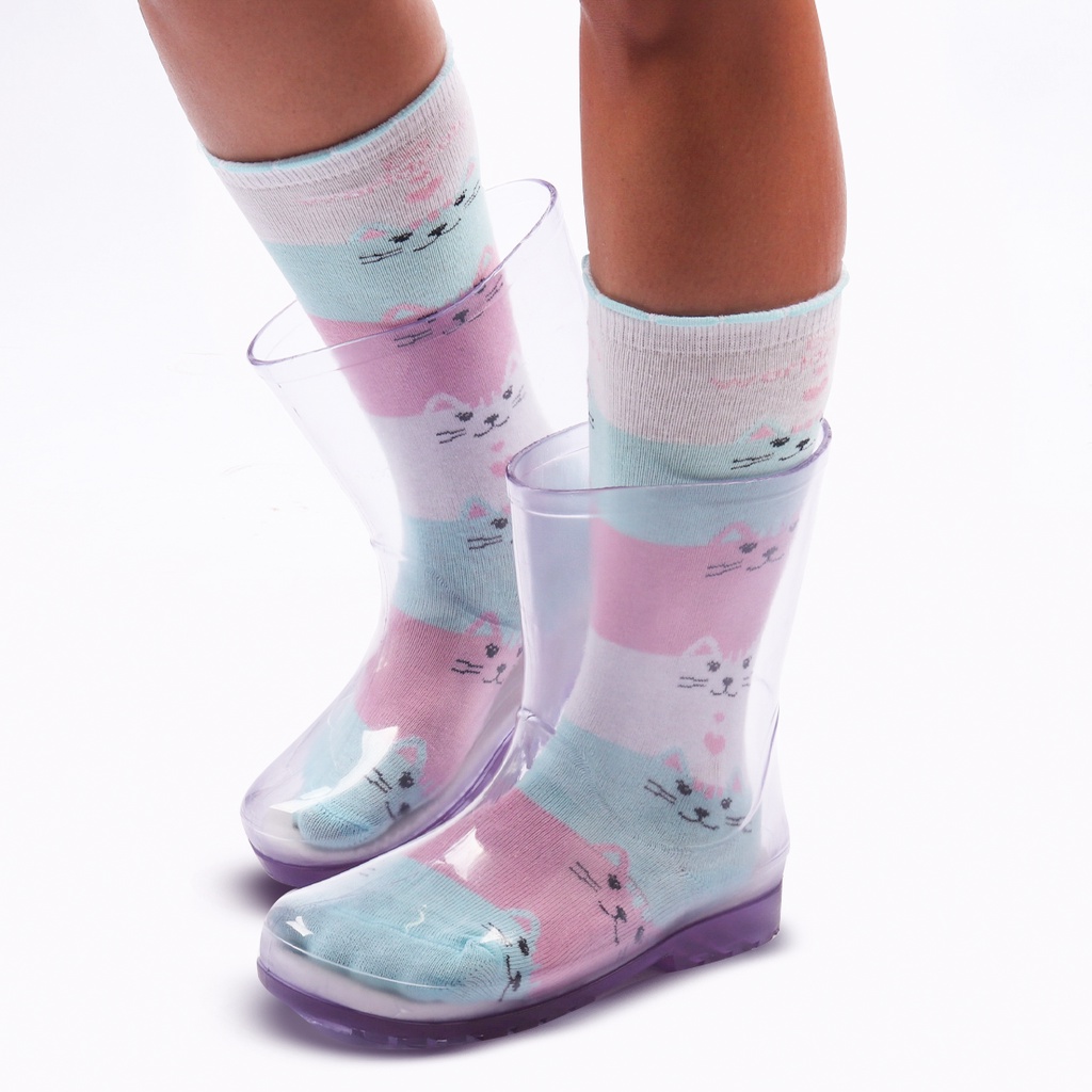 Bota Galocha Transparente Infantil  e Meia Divertida Listrada De Gatinho  WorldColors em Oferta na Shopee