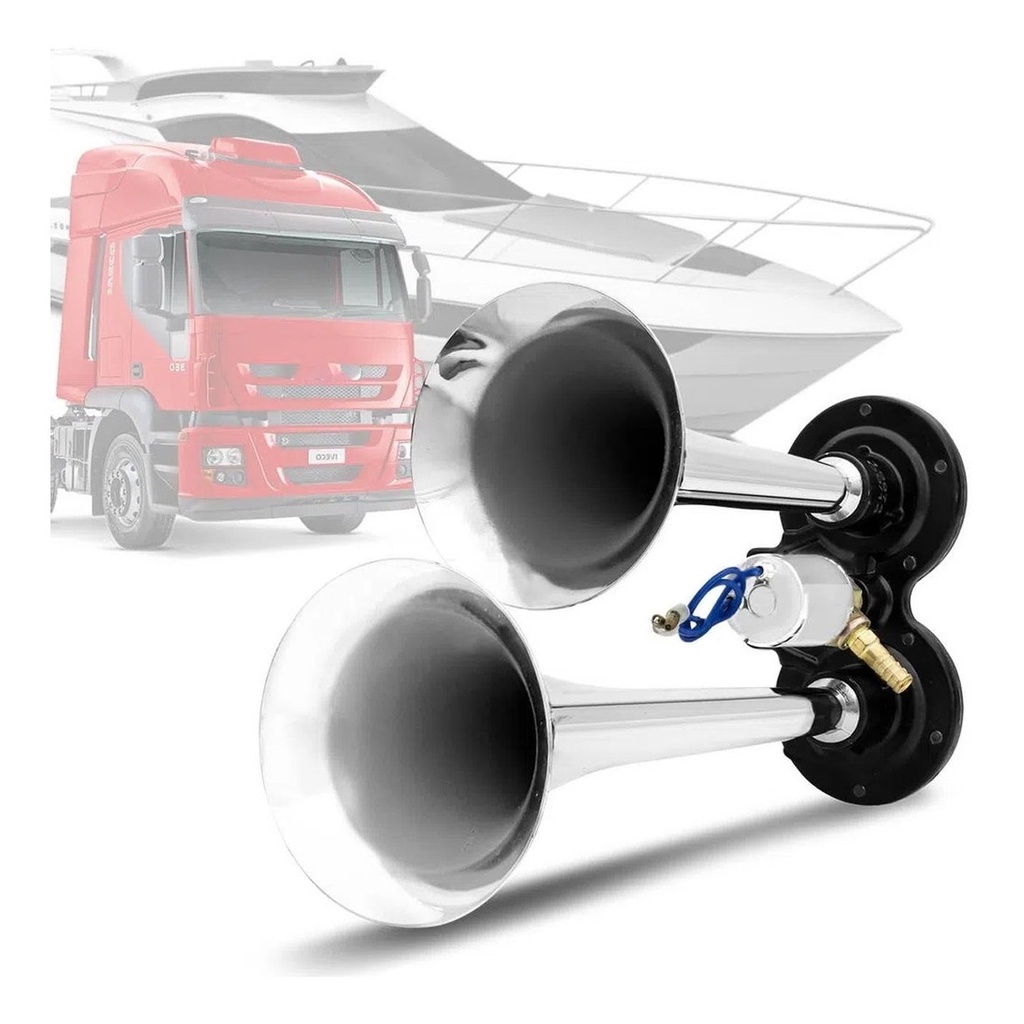 Buzina Eletropneumática Vetor Auto Para Caminhão 2 Cornetas Cromadas 12v Com Solenóide - VT043 em Oferta na Shopee