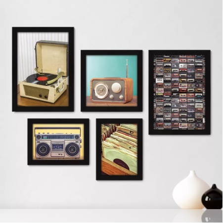 Quadros decorativos 5 peças mosaicos para sua sala ou quarto Rádio - Fita - Vinil - Vitrola - Vintage Star = 180