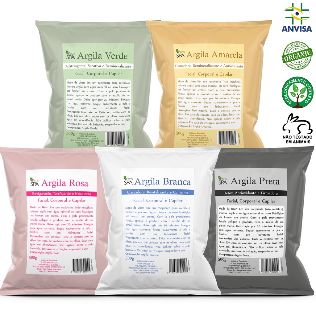 Argila Verde, Preta, Rosa, Branca, Amarela, Mascara Facial - Capilar 500g
