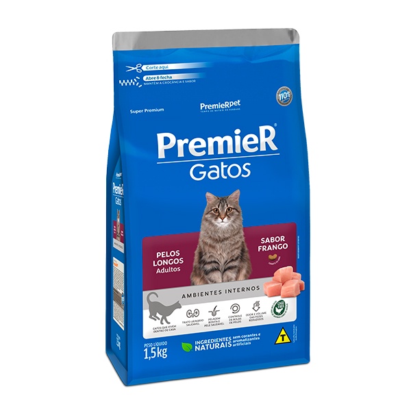 Ração Premier Ambientes Internos para Gatos Adultos com Pelos Longos Sabor Frango - 1,5Kg em Oferta na Shopee