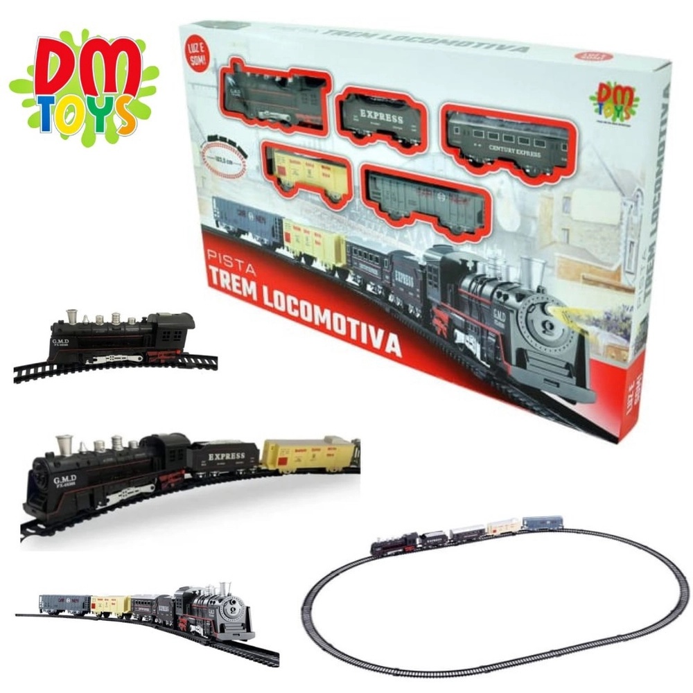 Trem Pista Locomotiva Trenzinho Ferrorama Brinquedo Com Luz E Som DM Toys