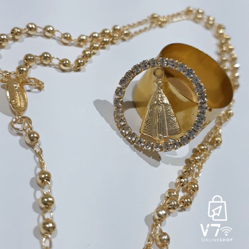 Terço De Pescoço Dourado Folheado Nossa Senhora Aparecida Com Relicário de Strass