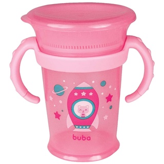 Copo de Treinamento Infantil 360° Com Alça Removível 210ml Para Bebê +12 Meses Foguete Rosa Buba