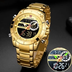 Relógio masculino NAVIFORCE militar dourado com visor duplo de quartzo analógico + digital esportivo pulseira impermeável totalmente em aço inoxidável