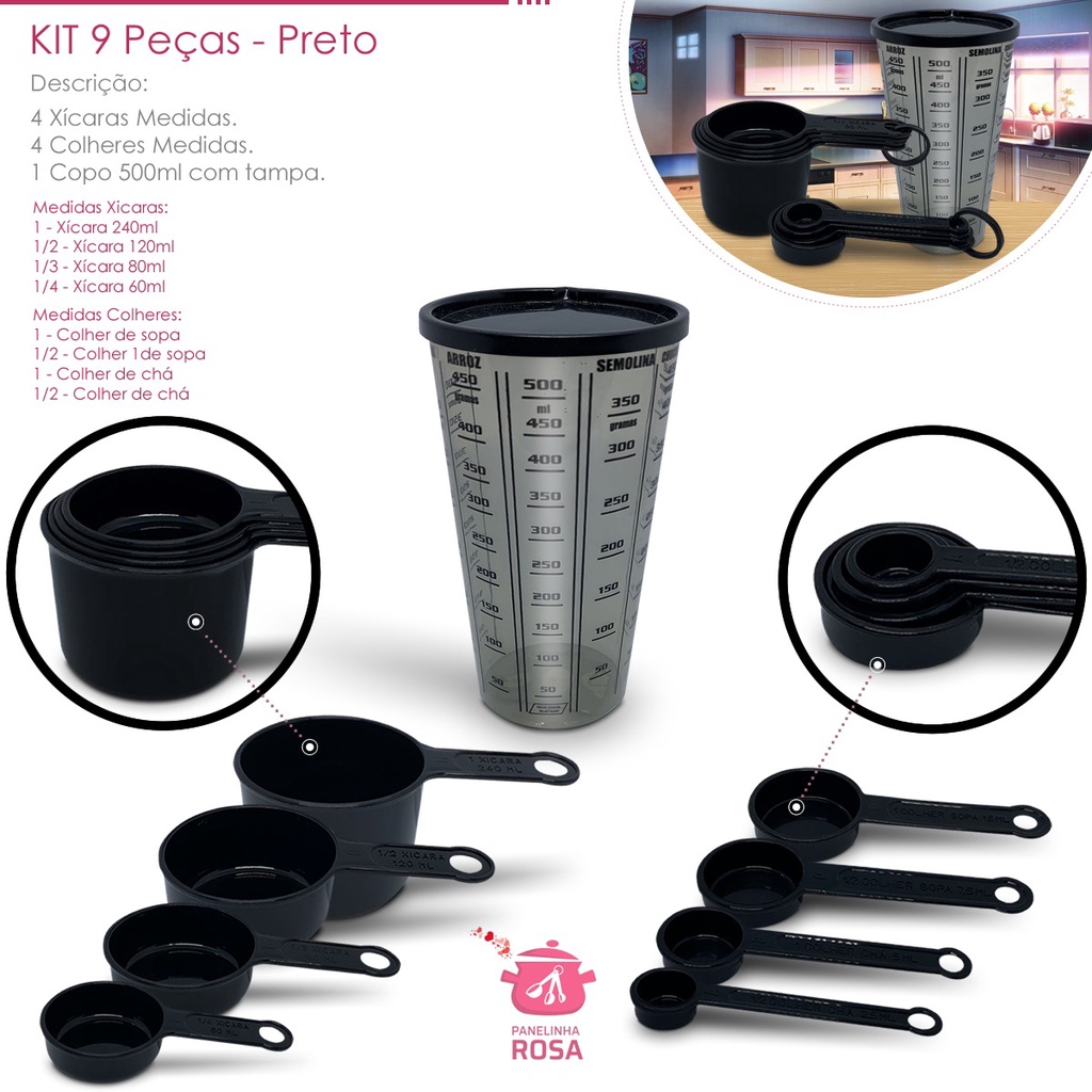 kit medidores 9 peças varejo e atacado copo de 500 ml com tampa xicara e colheres preta no atacado casa cozinha. em Oferta na Shopee