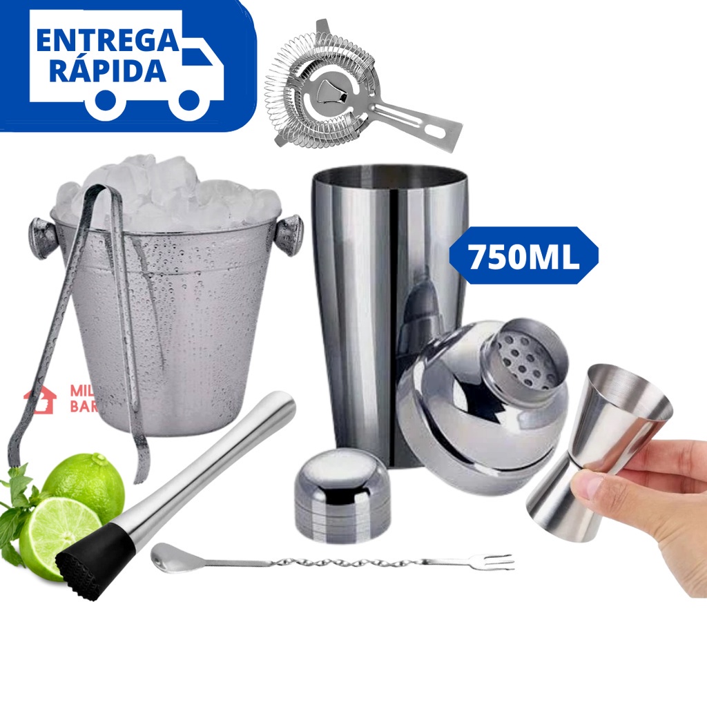 Kit Bar Profissional Completo 07 Peças Coqueteleira 750ml Inox Kit