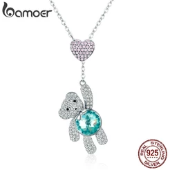Bamoer 925 Colar De Prata Com Coração Rosa Urso Bonito Pingente Comprimento Ajustável Cadeia De Moda Jóias Para As Mulheres